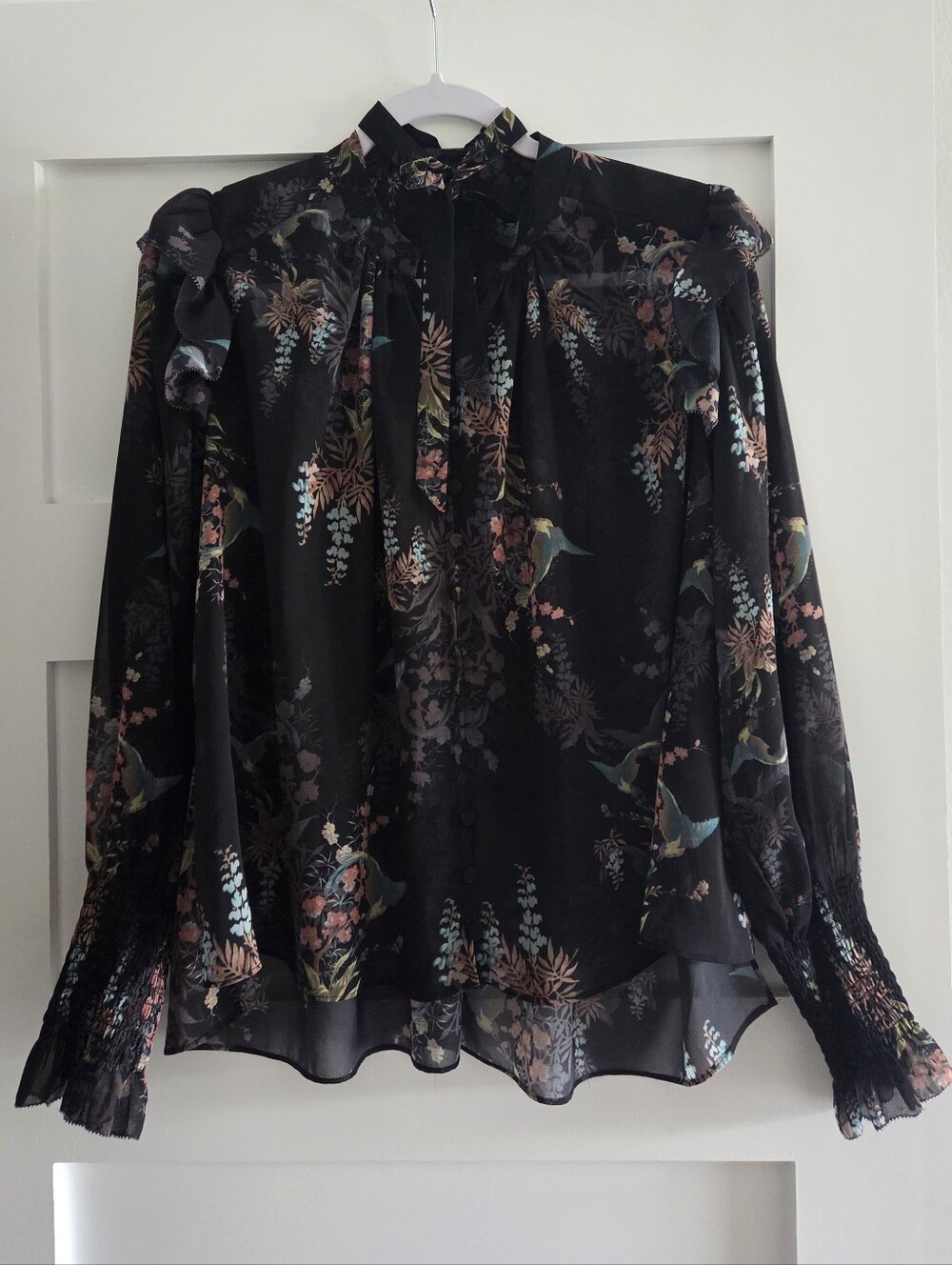 All Saints Black Floral & Bird Ruffle Blouse